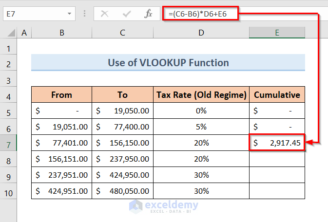 Calculate Income Tax on Salary with Old Regime with Excel VLOOKUP Function