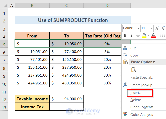 Apply SUMPRODUCT Function to Calculate Income Tax on Salary with Old Regime In Excel