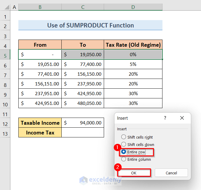 Apply SUMPRODUCT Function to Calculate Income Tax on Salary with Old Regime In Excel