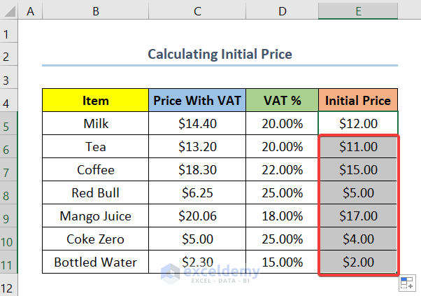 calculate initial price in excel
