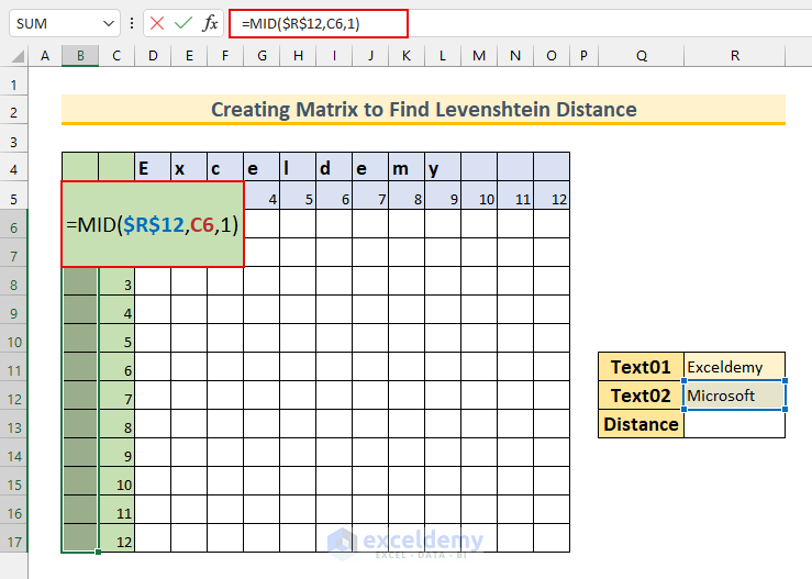 how to calculate levenshtein distance in excel Matrix 2