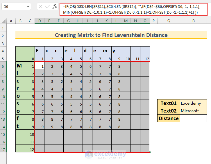 how to calculate levenshtein distance in excel Matrix 3