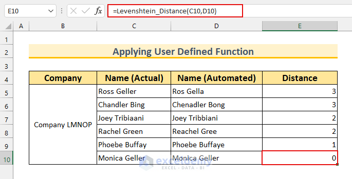 how to calculate levenshtein distance in excel