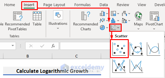 Apply Scatter Chart to Calculate Logarithmic Growth in Excel