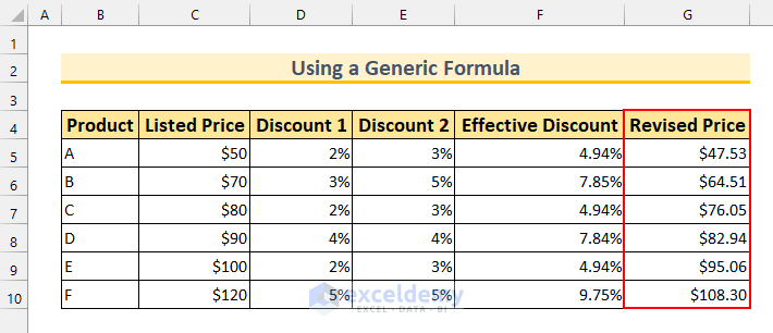 how to calculate multiple discounts in excel generic formula