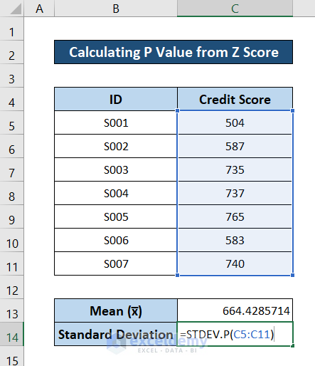 how to calculate p value from z score in excel