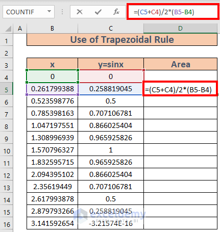 how to calculate peak area in excel