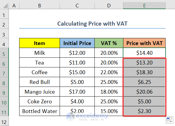 calculate price with VAT in excel