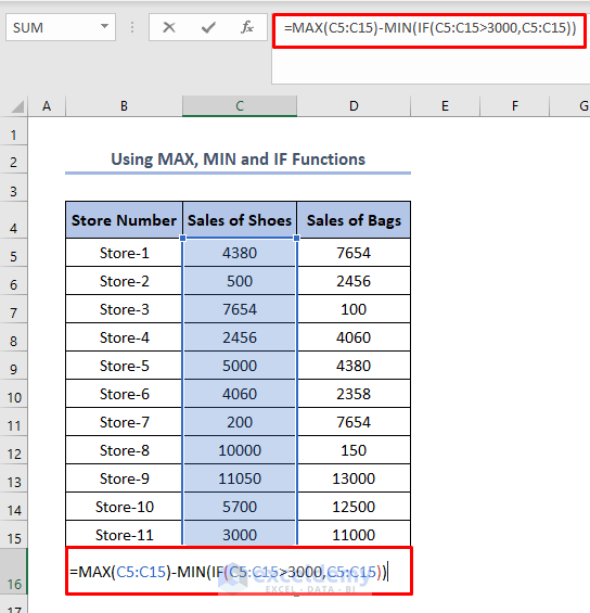 how to calculate range in excel using MAX, MIN and IF functions