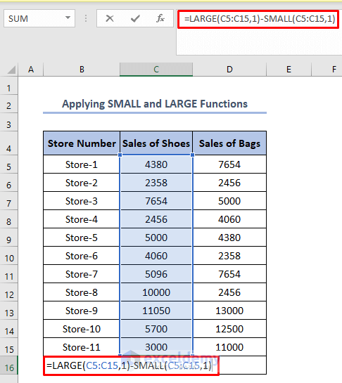 how to calculate range in excel using LARGE and SMALL functions