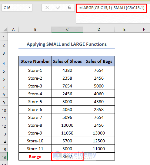how to calculate range in excel using LARGE and SMALL