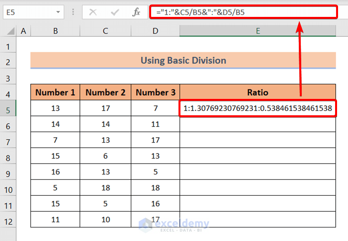 Using Basic Division to Calculate Ratio of 3 Numbers in Excel