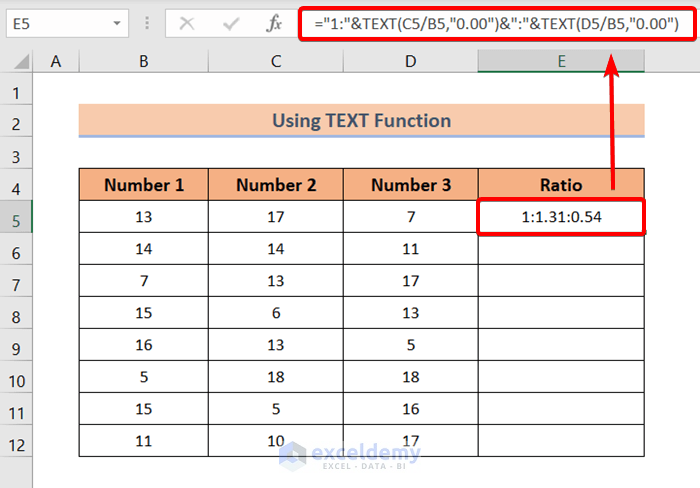 Calculating Ratio of 3 Numbers with TEXT Function in Excel
