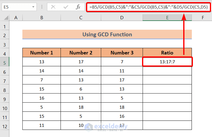 Using GCD Function to Calculate Ratio of 3 Numbers in Excel