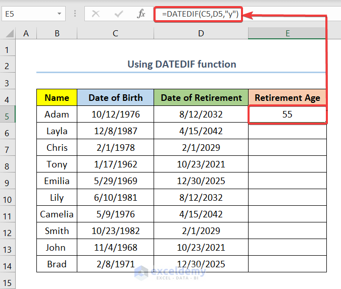 Using DATEDIF function to calculate Retirement Age