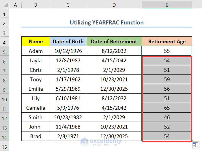 Using yearfrac function in excel