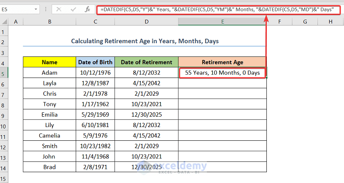 retirement age in years, months and days