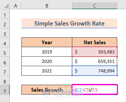 Calculate Simple Sales Growth Rate Over 3 Years in Excel