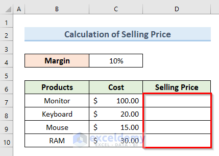 Step-by-Step Procedure to Calculate Selling Price from Cost and Margin in Excel