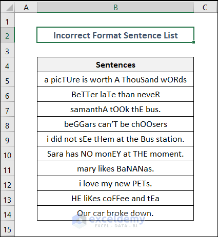 how to change sentence case in excel dataset