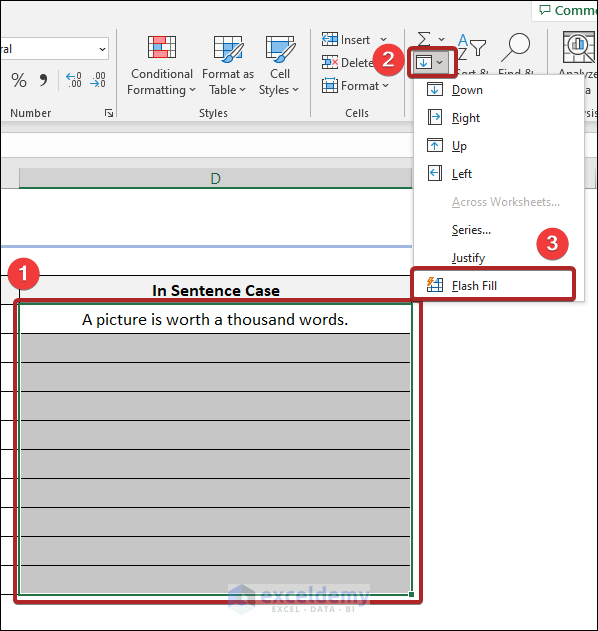 how to change sentence case in excel using Flash Fill