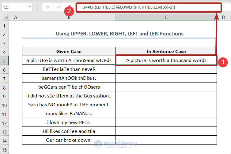 how to change sentence case in excel using formula