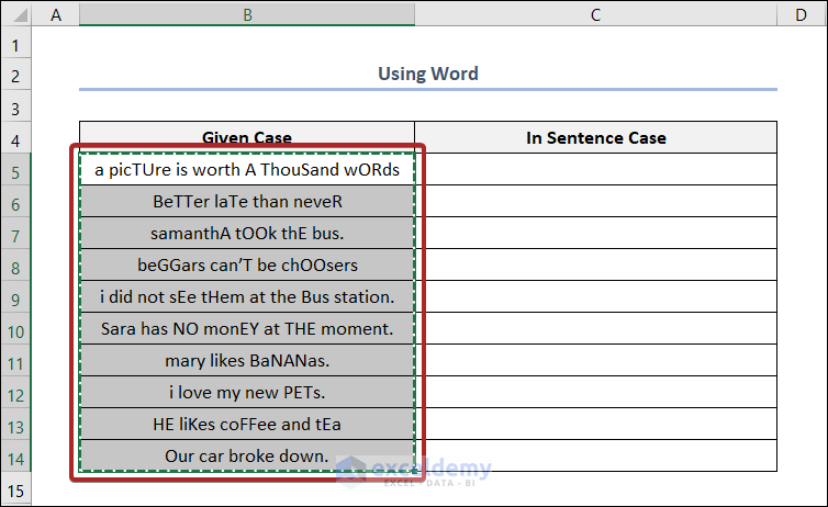 how to change sentence case in excel using Word