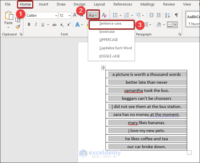 how to change sentence case in excel using Word
