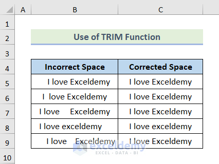 1. Using TRIM Function to Remove Extra Space in Excel