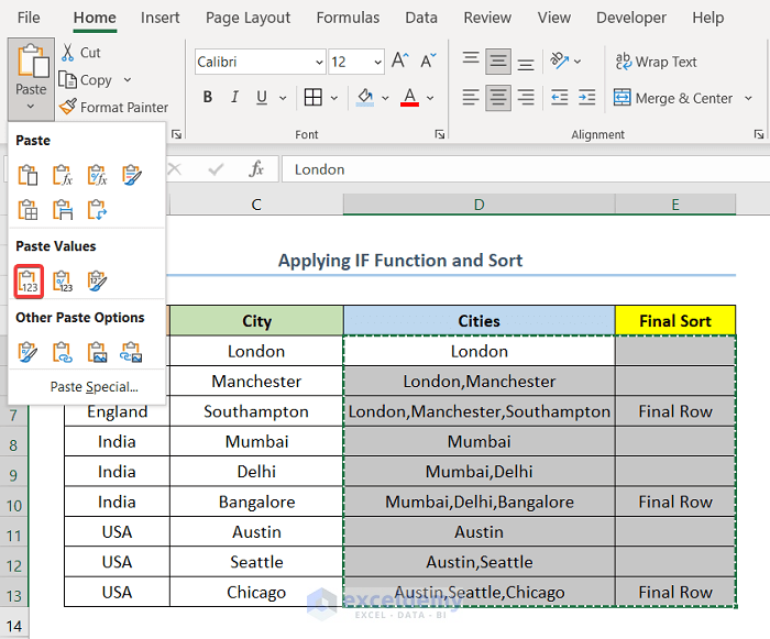 applying IF function and SORT in excel