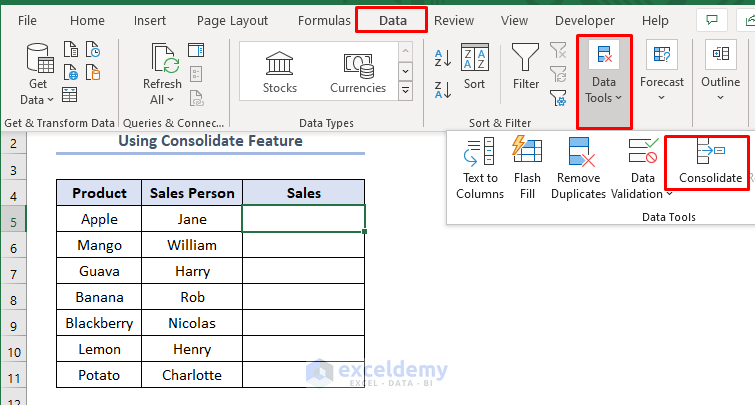 how to consolidate two excel sheets into one using Consolidate feature
