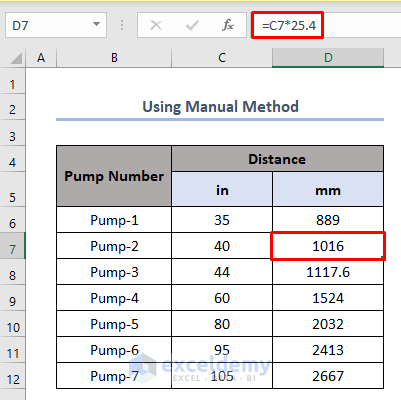 how to convert inch to mm in excel