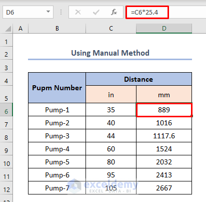 how to convert inch to mm in excel