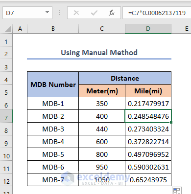how to convert meters to miles in excel