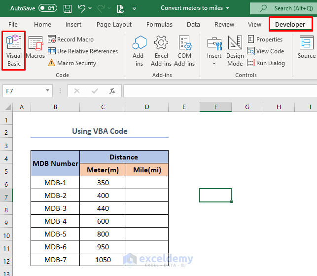 how to convert meters to miles in excel