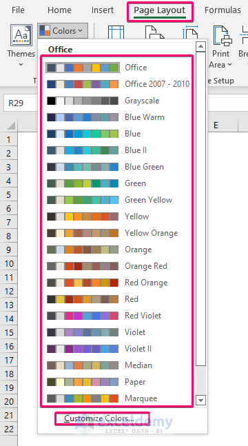 Selecting a Color Palette to Create an Excel Theme