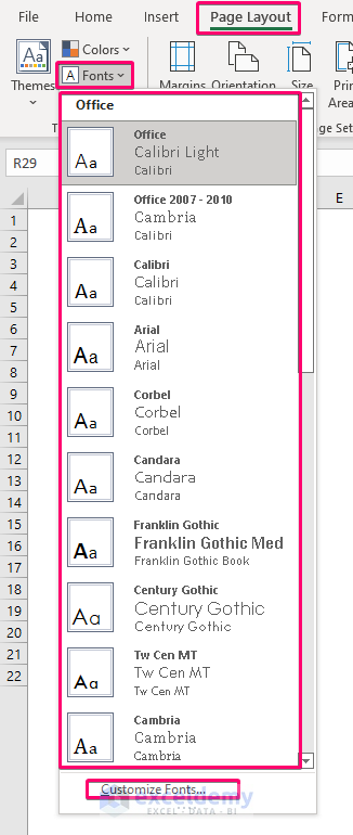 Selecting a Theme Font to Create an Excel Theme