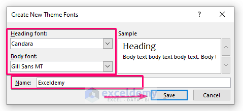 selecting a custom Theme Font to Create an Excel Theme