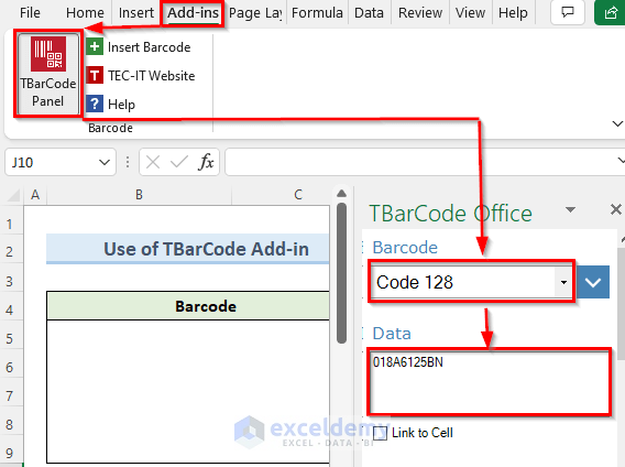 Insert Barcode Using Excel TBarCode Add-In