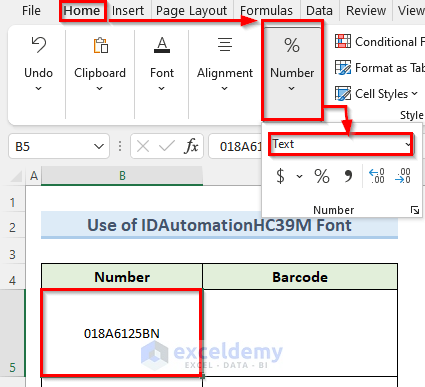 Apply IDAHC39M Font to Create Barcode in Excel