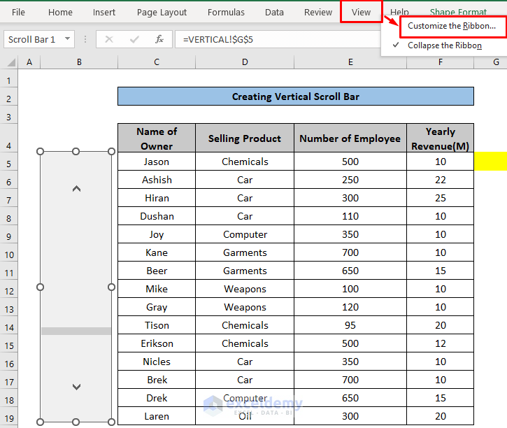 how to insert scroll bar in excel