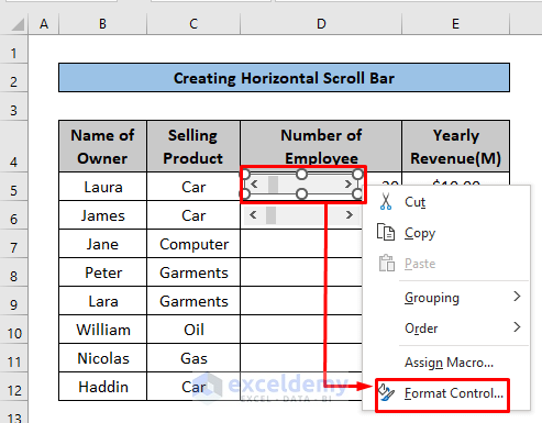 how to insert scroll bar in excel