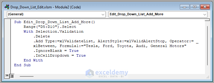 how to edit drop down list in excel macro Code Window