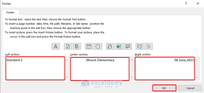 using page setup dialog box to edit footer in excel