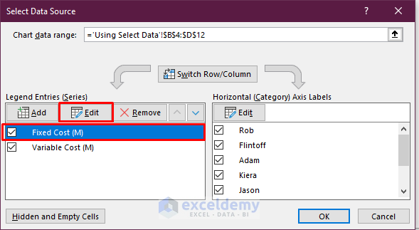 how to edit legend in excel using select data source