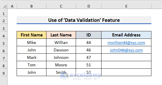 Format Column in Excel for Email Addresses with ‘Data Validation’ Feature