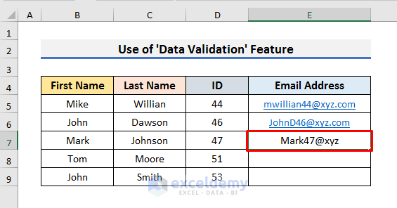 Format Column in Excel for Email Addresses with ‘Data Validation’ Feature