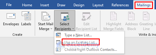 Selecting Use an Existing List option from the Select Recipients dropdown