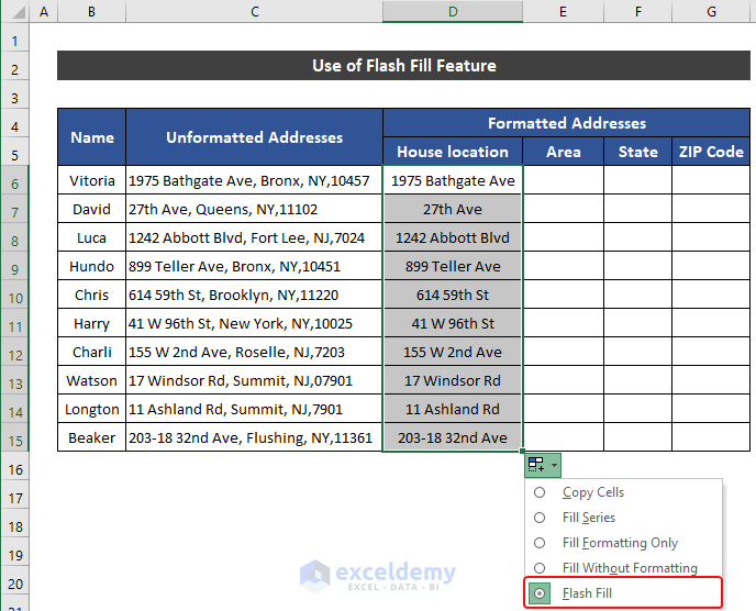 Use of Flash Fill Feature to Format Addresses