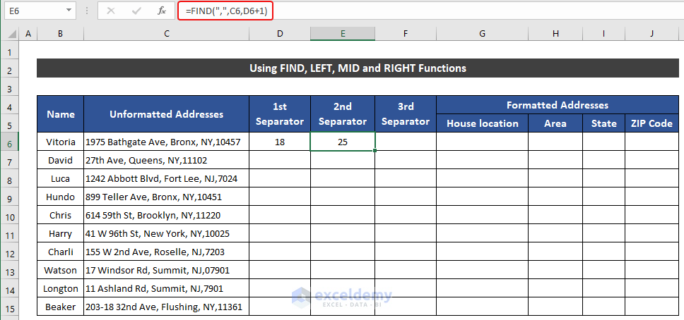 Using FIND, LEFT, MID, and RIGHT Functions to Format Addresses